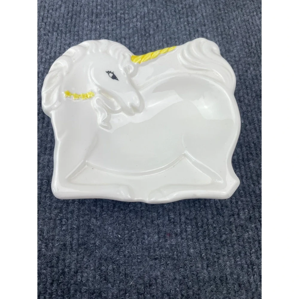 Vintage Japan Ceramic Unicorn Trinkical Dish White Yellow Figural Catchall Tray